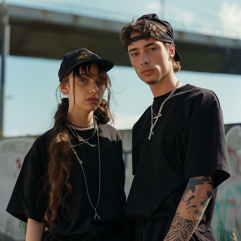 A stylish man and woman mixing streetwear pieces with traditional clothing, wearing hoodies under blazers and pairing them with tailored trousers and sneakers.