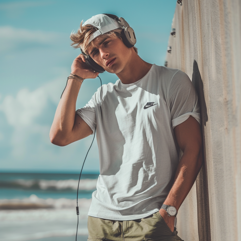 A young boy wearing a Nike t-shirt, listening to music with headphones while standing by the beach. The casual and sporty outfit is complemented by the scenic ocean backdrop.