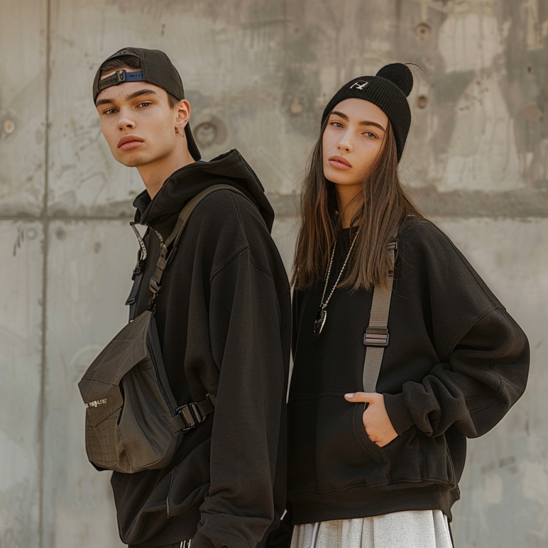 A runway show featuring a male and female model wearing high-end streetwear-inspired outfits from luxury brands like Louis Vuitton and Gucci.