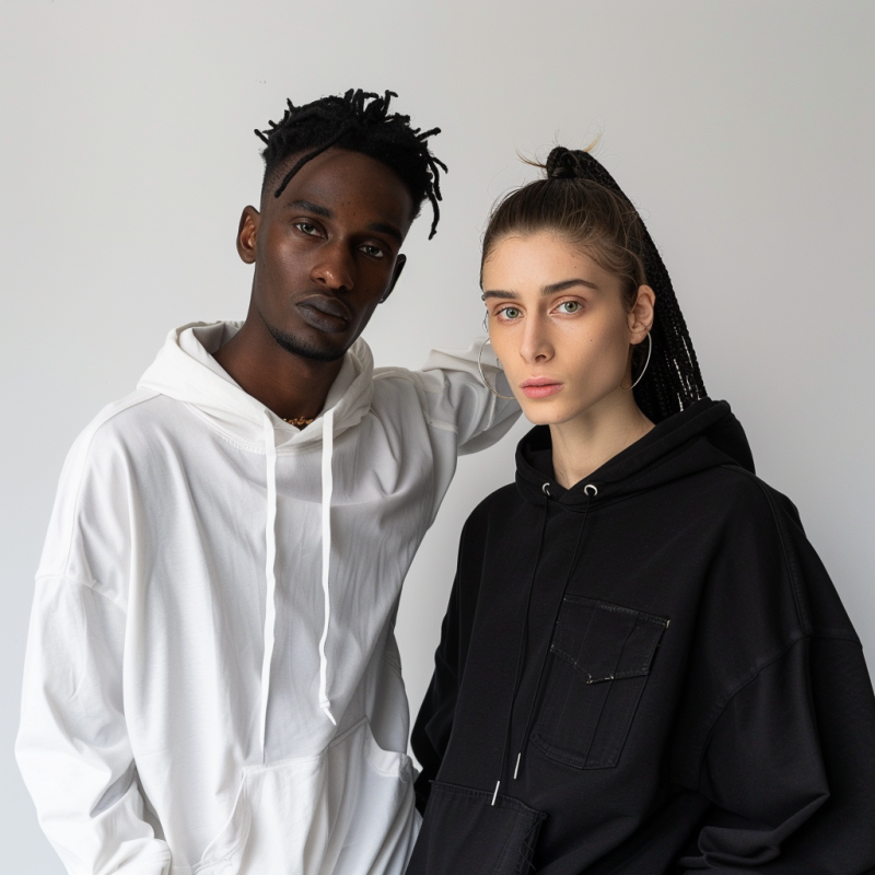 A runway show featuring a male and female model wearing high-end streetwear-inspired outfits from luxury brands like Louis Vuitton and Gucci.